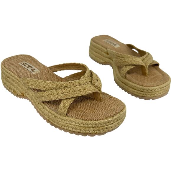 VTG 90s y2k Women's Tan Twill Espadrille Soda Chunky Platform Toe Thong Sandals - Picture 1 of 8
